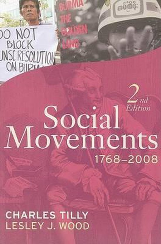 Boek "Social Movements 1768-2008" door Charles Tilly en Lesley J. Wood, met een afbeelding van een historische figuur op de voorgrond.