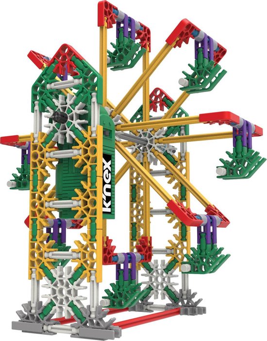 Een K'NEX-reuzenradconstructie met gele, groene, rode en paarse onderdelen.