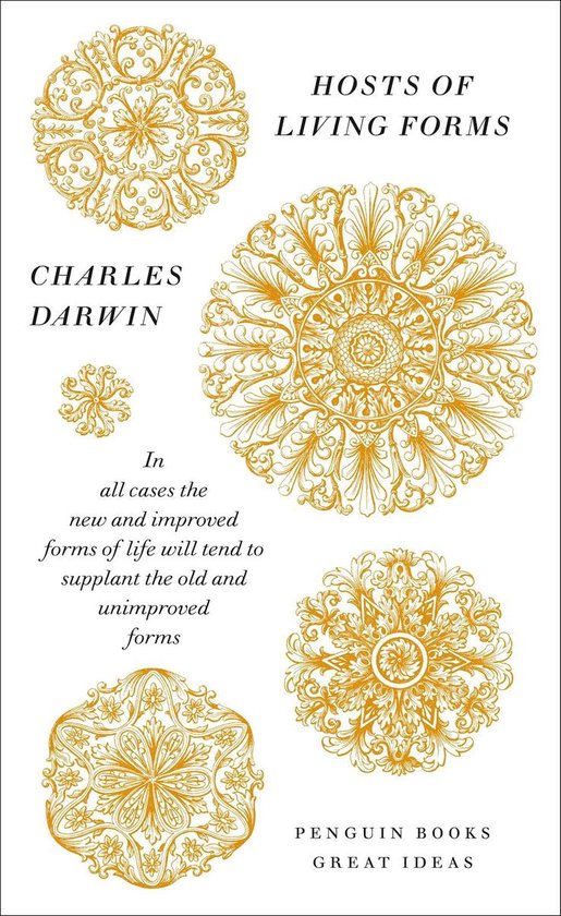 Boekomslag met gouden ornamenten en tekst 'Hosts of Living Forms' door Charles Darwin.