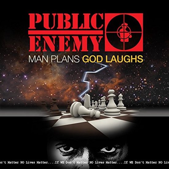 Public Enemy Man Plans God Laughs albumcover met schaakstukken en een sterrenhemel.