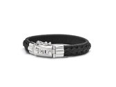 SILK Jewellery - Zilveren Armband - Weave - 742BLK.18 - zwart leer - Maat 18