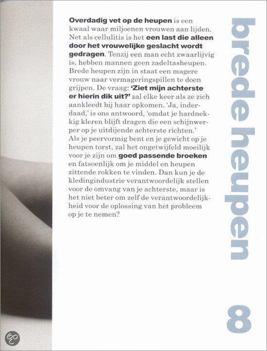 Close-up van de heupen van een vrouw, met tekst over brede heupen.