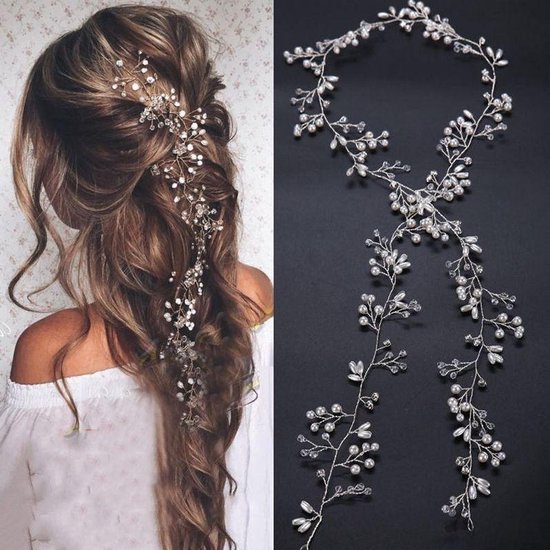 Haar Parels - Parelkoord - Gala en bruiloft haarmode - Bruids Haar Haarschuifje - 50 cm - Zilverkleur - 1 stuks