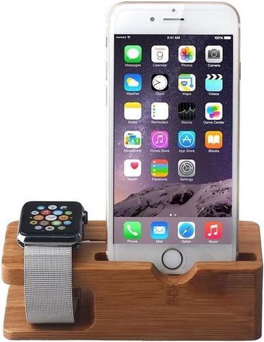 By Qubix - Houten Apple watch en iPhone houder - Bamboe
