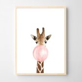 Postercity - Poster Giraffe Met Kauwgom - Canvas - Bruin/Roze - 40x30cm