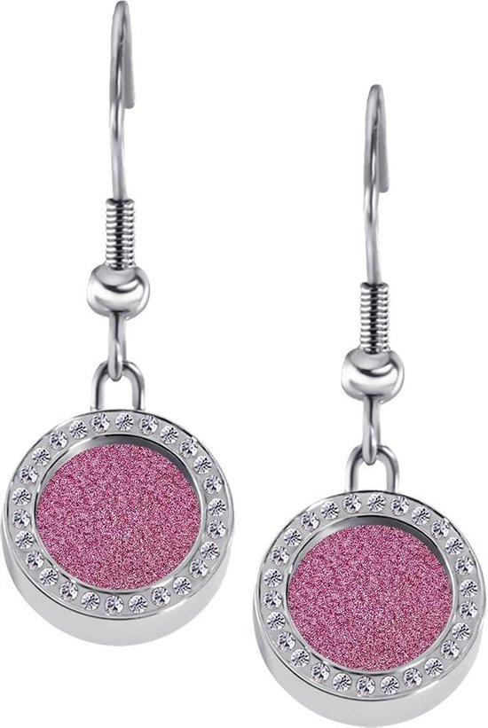 Quiges RVS Schroefsysteem Oorhangers Oorbellen Zilverkleurig met Zirkonia en Verwisselbare Glitter Roze Mini Munt Set - ECOS167