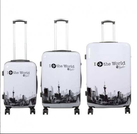 Travelsuitcase - Kofferset Fly The World 3 delig - Reiskoffers met cijferslot - Polycarbonaat - Wit - Handbagage en Ruimbagage