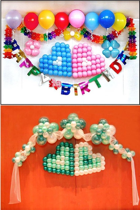 Decoratie met ballonnen voor 'Happy Birthday', inclusief hartjes en bloemen.