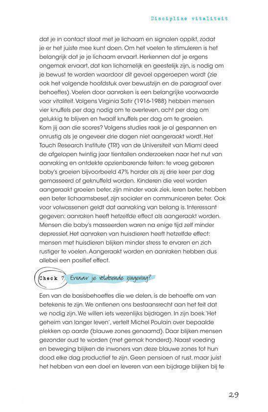 Pagina met tekst over de effecten van aanraken en de voordelen van rust. Er staat "Discipline vitaliteit" op.