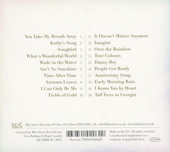 Lijst met 20 nummers op de achterkant van de hoes van 'The Best of Eva Cassidy'.