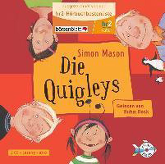 Boek 'Die Quigleys' van Simon Mason met tekeningen van Britta Neck. Vier kinderen zijn afgebeeld op de cover.