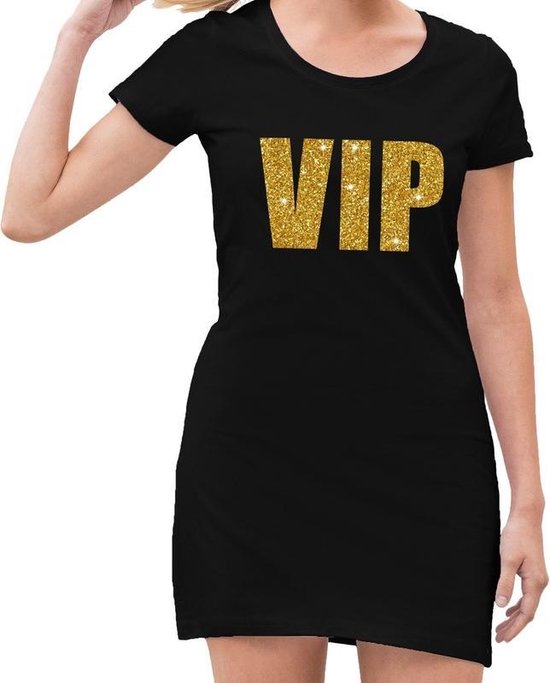 VIP tekst jurkje met gouden glitter letters voor dames - Zwart jersey jurkje 44