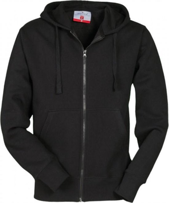 Zwarte hoodie met rits, capuchon en kangoeroezakken.