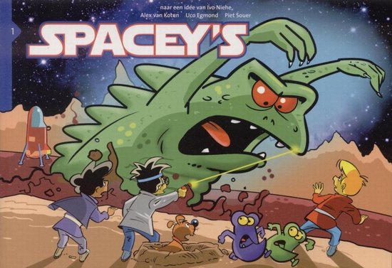 Cover van Spacey's. Een groene alien valt drie kinderen en een hond aan. Een raket is op de achtergrond.