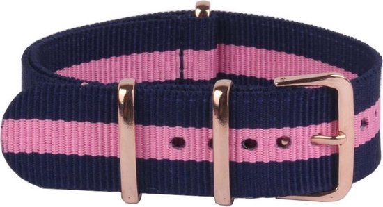Premium Navy Blue Pink - Nato strap 20mm - Stripe - Horlogeband Blauw Roze
