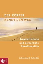 Boekomslag: 'Der Körper kennt den Weg' met tekst en een silhouet van een persoon op een strand bij zonsondergang.