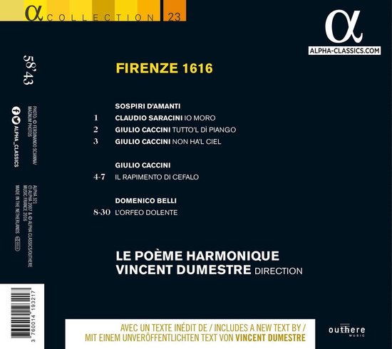 CD hoes: Firenze 1616, Le Poème Harmonique, Vincent Dumestre. Titel en tracklist. Alpha Classics logo.