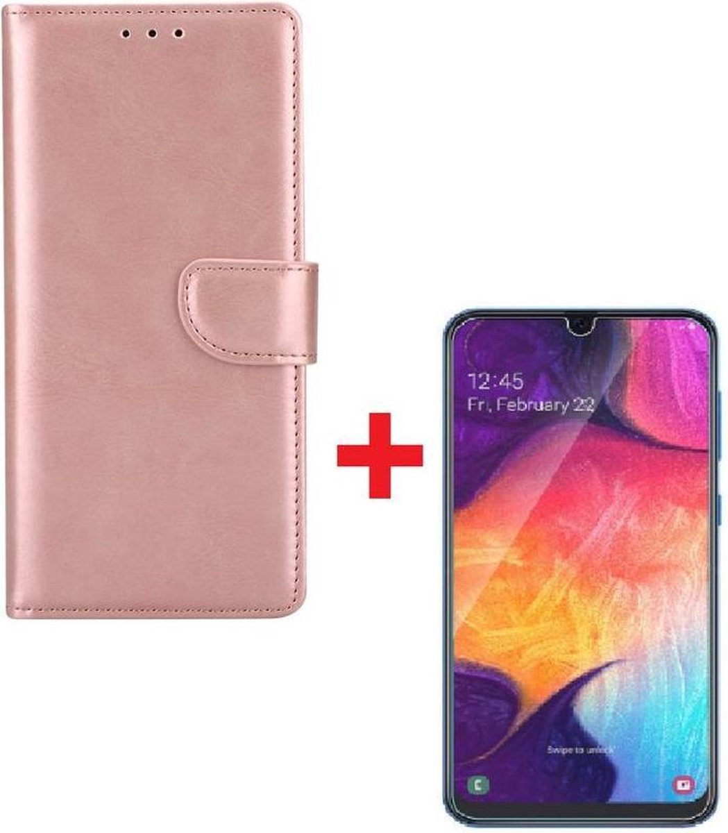 Samsung Galaxy A70 Portemonnee hoesje rose goud met Tempered Glas Screen protector