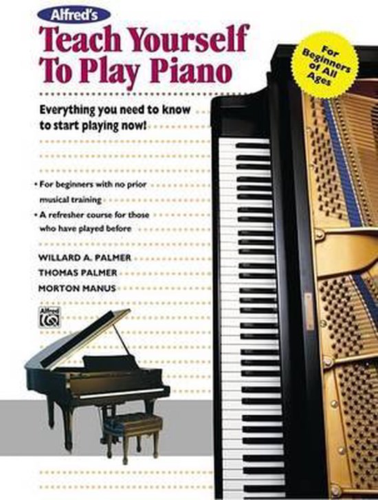 Boek "Teach Yourself To Play Piano" met tekst en afbeeldingen van een piano en een piano-krukje.