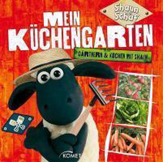 Boek 'Mein Küchengarten' met Shaun het schaap in strooien hoed met hark. Rechtsboven 'Shaun Schaf'.