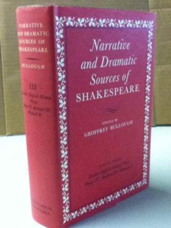Rood boek met de titel 'Narrative and Dramatic Sources of Shakespeare' en een sierlijke witte rand.