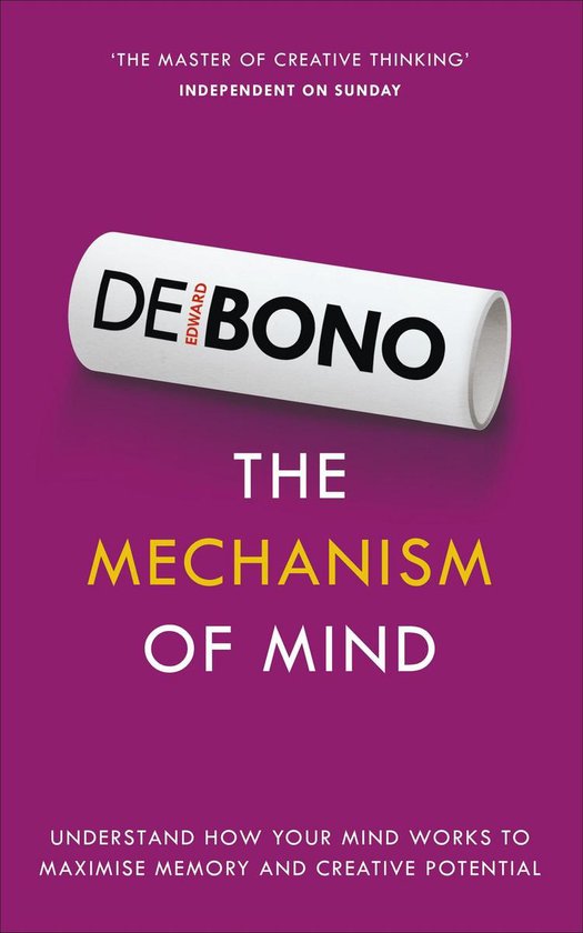 Boekhoes voor 'The Mechanism of Mind' van Edward de Bono in paars met de titel in witte en gele letters.