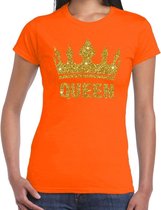 Oranje Koningsdag Queen shirt met gouden glitter kroon dames - Oranje Koningsdag kleding M