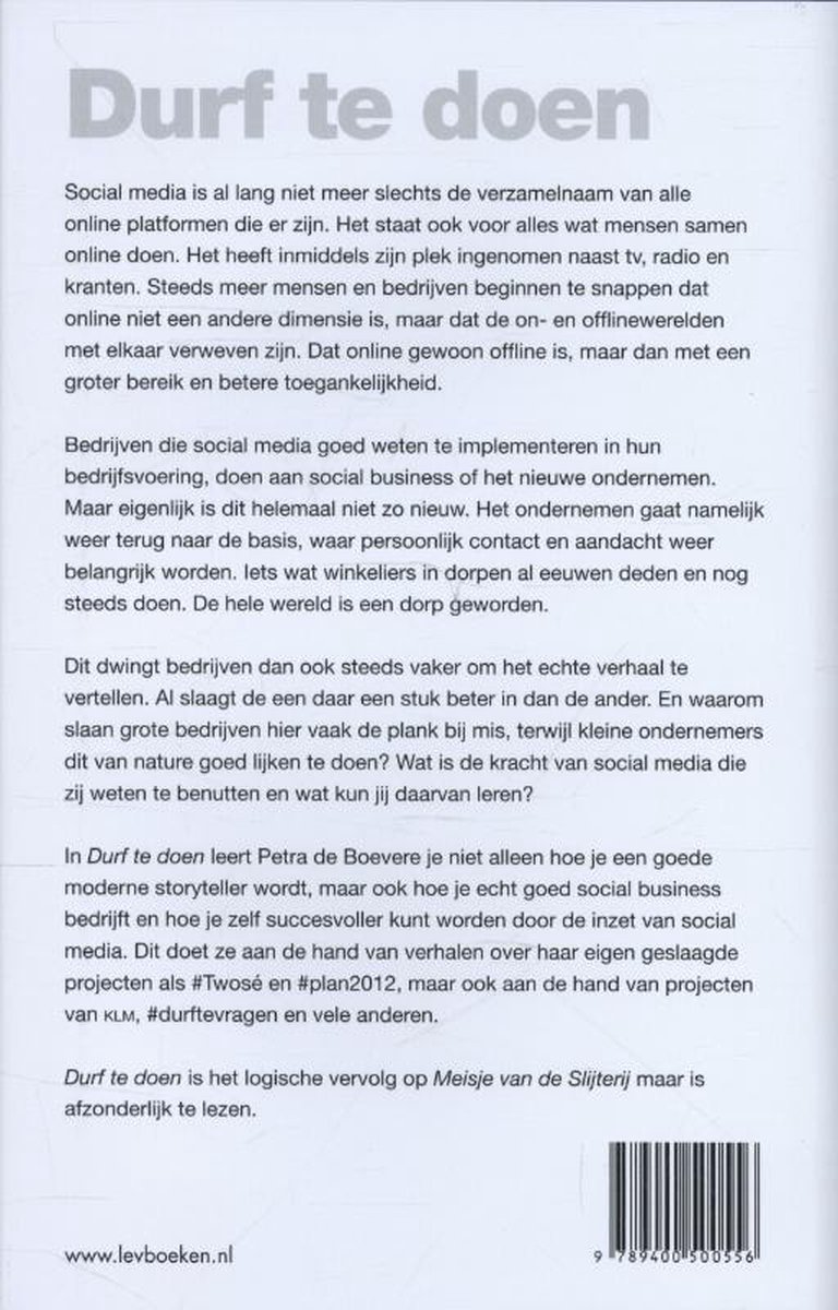 Achterkant van het boek 'Durf te doen' met tekst en ISBN-nummer.