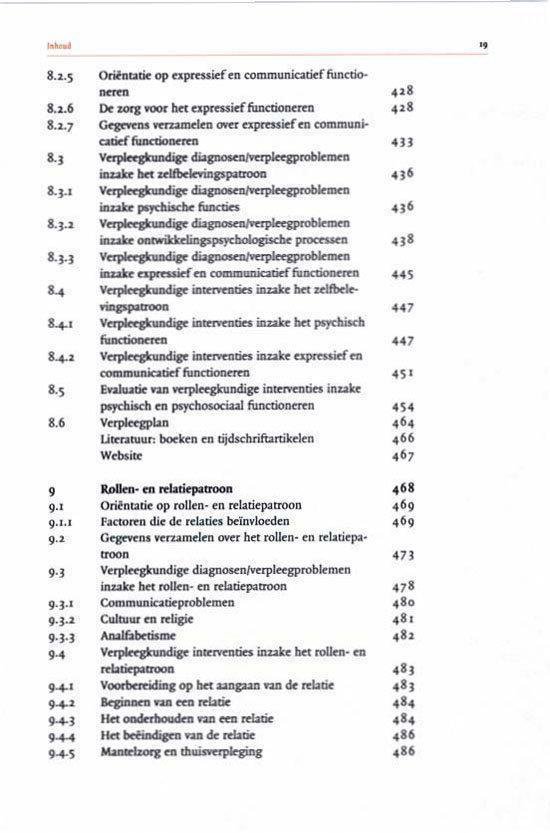 Inhoudsopgave van een boek met de titels Oriëntatie op expressief en communicatief functioneren, Verpleegkundige interventies, Evaluatie, Verpleegplan, Rollen- en relatiepatroon, Communicatieproblemen, Cultuur en religie, Analfabetisme.