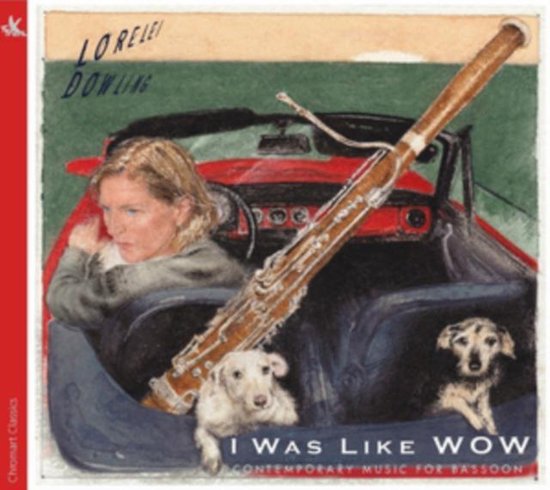 Illustratie van Lorelei Dowling in een rode cabriolet met een fagot en twee honden.