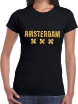 Amsterdam gouden glitter tekst t-shirt zwart dames - dames shirt Amsterdam S