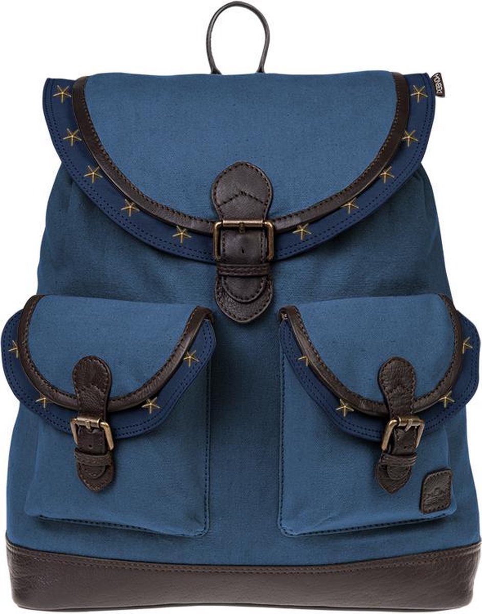 Monbeki Blauwe Canvas Rugzak met Blauwe Kleppen en Sterrenstuds
