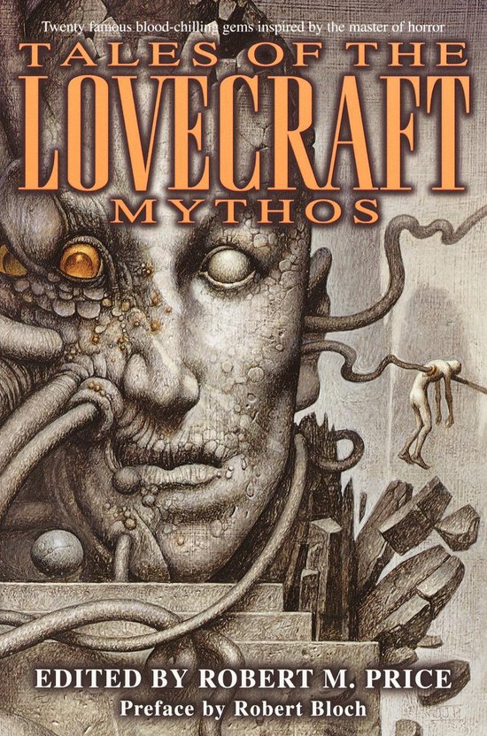 Couverture du livre 'Tales of the Lovecraft Mythos' avec un visage monstrueux et effrayant et le titre en lettres oranges.
