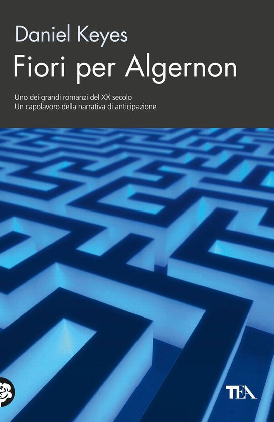 Boek met de titel 'Fiori per Algernon' door Daniel Keyes, met een blauw labyrint op de cover.