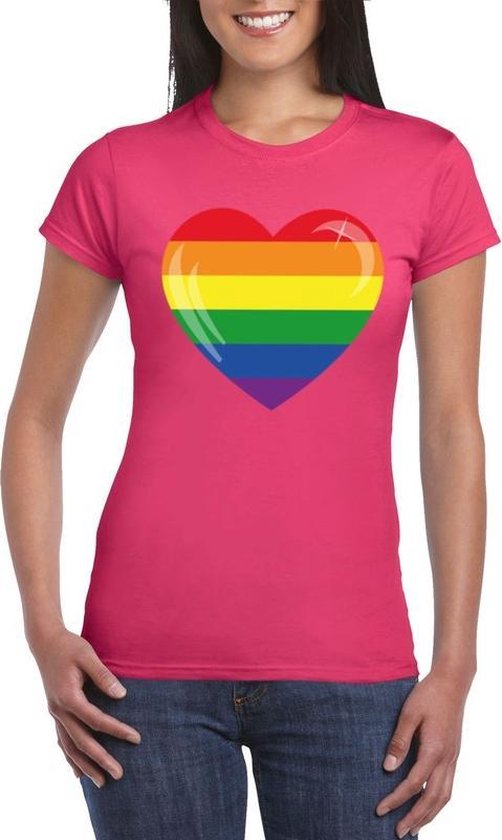 Gay pride t-shirt met Regenboog vlag in hart roze dames M