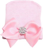 Newborn muts met roze strik van lint en strass steentjes roze gestreept