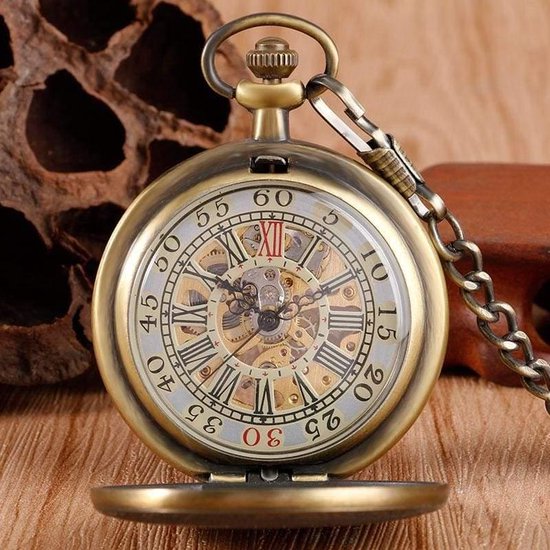TREEWETO Heren antiek brons/zwart Steampunk koperen behuizing skelet mechanisch zakhorloge voor mannen, Brons