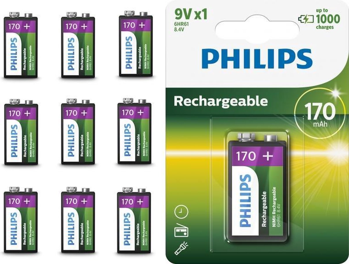 10 Stuks - Philips MultiLife 9V HR22/6HR61 170mAh oplaadbare batterij
