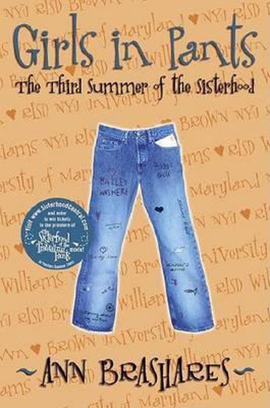 Couverture de livre avec un jean orné de texte et de dessins, intitulé 'Girls in Pants'.
