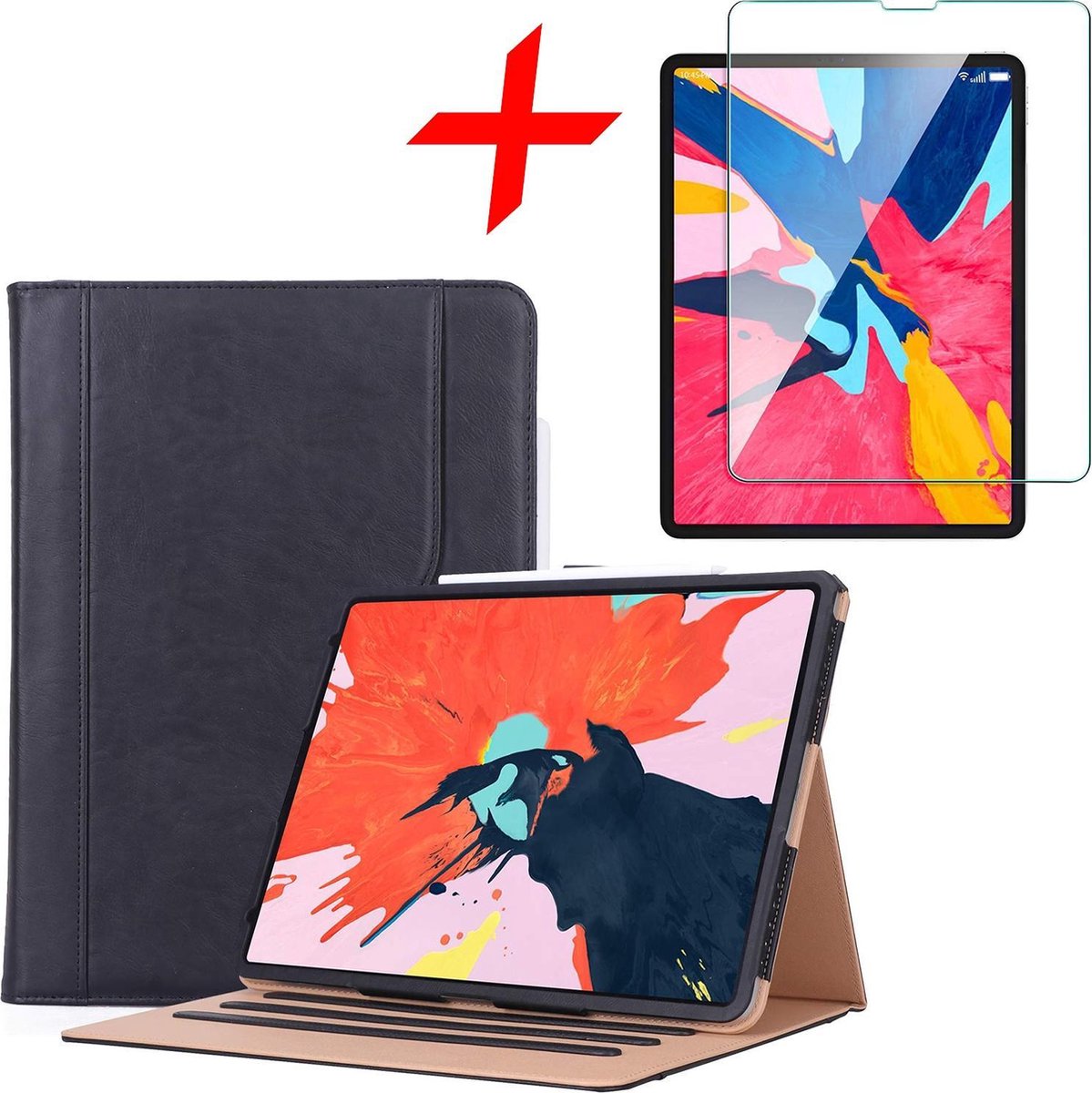 Hoes geschikt voor Apple iPad Pro 12.9 (2018) Smart Vintage Book Case Leer Zwart + Screenprotector Gehard Glas Tempered Glass - Hoesje van iCall