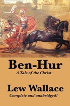Boekcover 'Ben-Hur' met een strijdwagen met een rennende man, tekst 'Ben-Hur, A Tale of the Christ, Lew Wallace'.