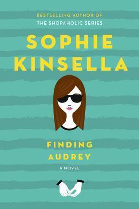 Boek 'Finding Audrey' van Sophie Kinsella met een gestileerde tekening van een vrouw met zonnebril en een turquoise gestreepte achtergrond.