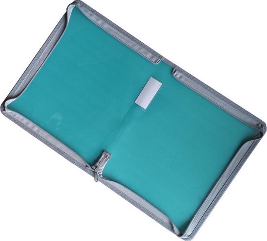 Open A4-map in de kleur blauwgroen, met een grijze rits en een doorzichtige flap.