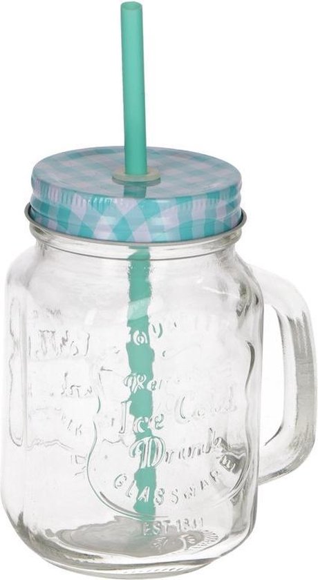 partitie fragment kleding Mason jar drinkglas met blauw deksel en rietje 500 ml - Smoothie bekers -  Mason jars... | bol.com
