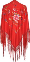 Spaanse manton/omslagdoek rood diverse bloemen bij flamenco jurk verkleedkleding
