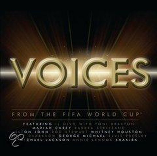 Albumcover met de titel 'VOICES FROM THE FIFA WORLD CUP' in gouden letters, met lijst van artiesten.