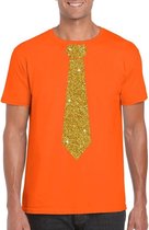 Oranje fun t-shirt met stropdas in glitter goud heren - leuk voor Koningsdag L