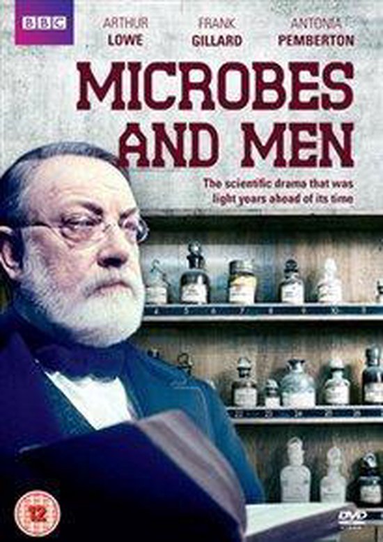 DVD hoes voor 'Microbes And Men' met Arthur Lowe. Op de achtergrond staan flesjes in een rek.