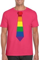 Roze t-shirt met regenboog vlag stropdas heren 2XL