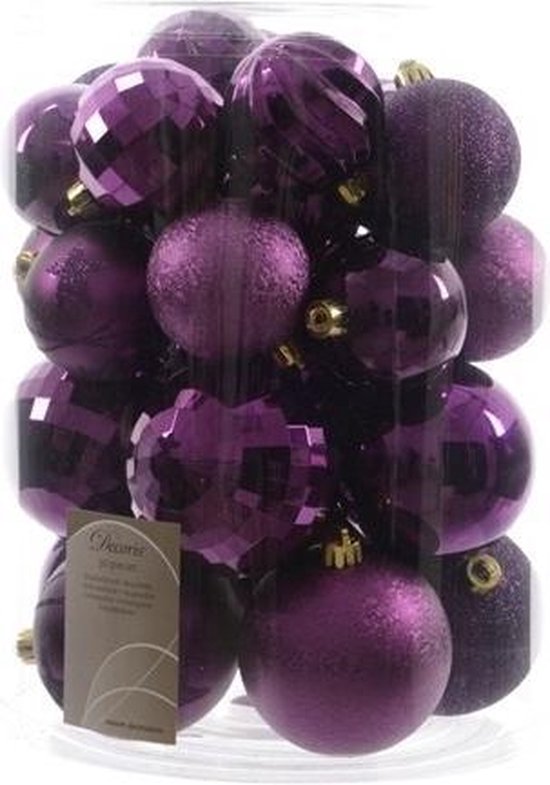 Kerstballen mix paars 30 stuks Plastic kerstballen